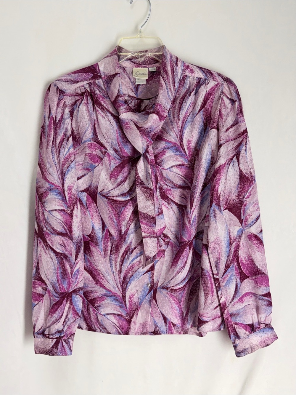 Vintage 80s Pykettes Secretary Tie-Neck Collar Purple Pink Floral Blouse Size 16